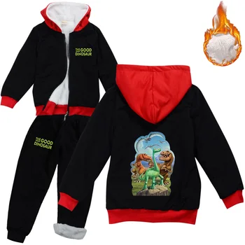 Disney Labu Dinozauru Ziemas Bieza Gadījuma Komplekti Apģērbs Kapuci Sporta Krekls Tērps Meitenēm Zēnu Jaka, Bikses, Sporta Komplekts