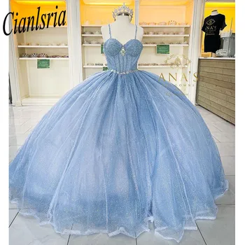 Elegants quinceanera kleita bez Piedurknēm, saldie 16 kleitas zilā bumba kleita meitene grezna Kleita fāzēm mežģīnes Pieaugušo Balli puse Kleita