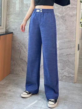 OUMENGKA Modes Sieviešu Zilā Gadījuma Garas Bikses Plānas Vasaras Bikses Vintage Stila lielās Ielas Dāma Taisni Pantalon S-4XL